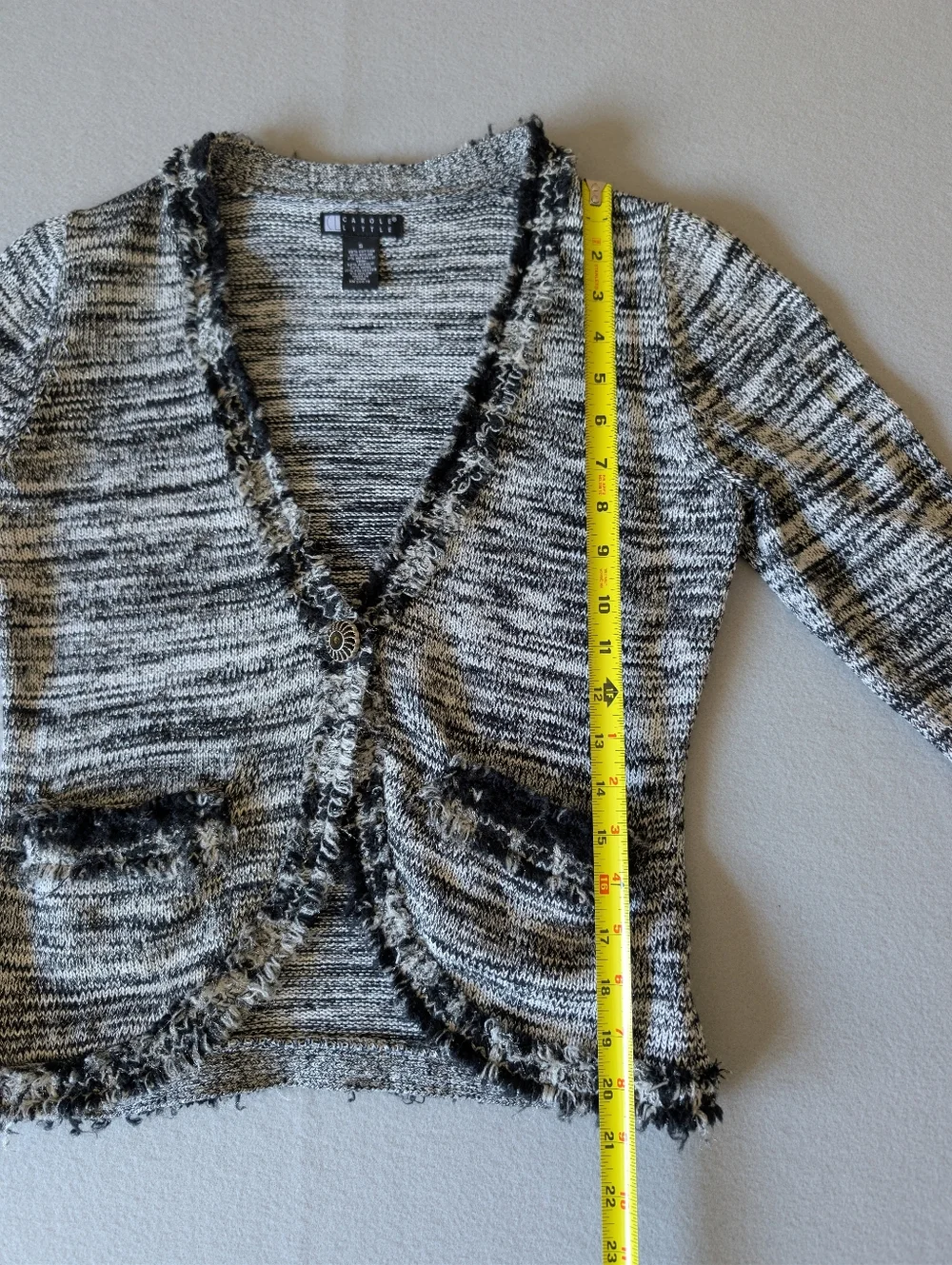 Tweed Knit Cardigan Jacket Black Cream Frayed Trim Chanel Style Sz Small Classic